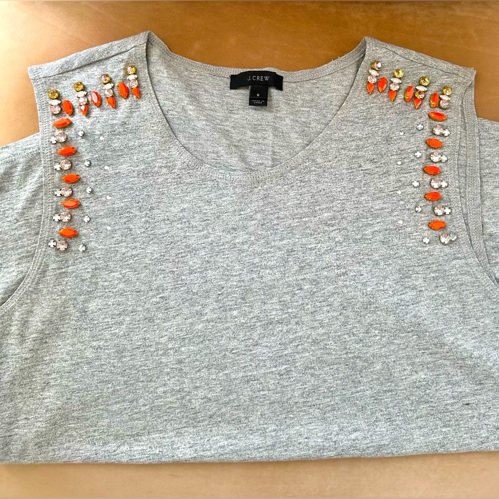 J. Crew Grey Embellished Sleeveless Tee Shirt Tank Top, Size Small